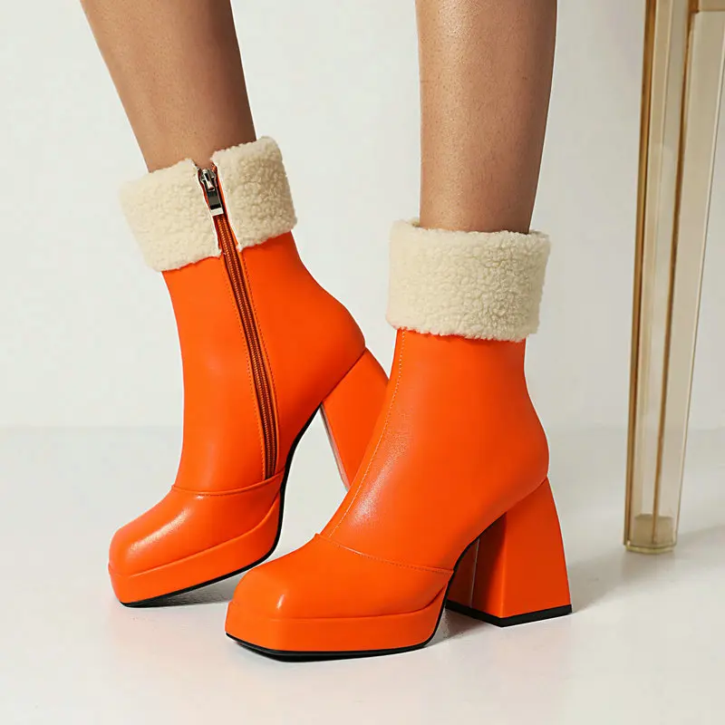 

Black Orange Purple Blue Women Ankle Boots Platform Thick High Heel Ladies Short Boots PU Leather Square Toe Zipper Women's Boot