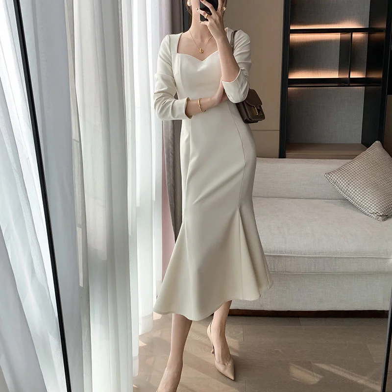 

Spring Vintage Retro Dress Women French Hepburn Style Trumpet Dress Female Office Lady Casual Party Midi Korean Dress 2020 New