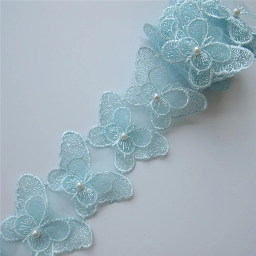 2 ярда голубая растворимая жемчужная бабочка из полиэстера вышитая кружевная