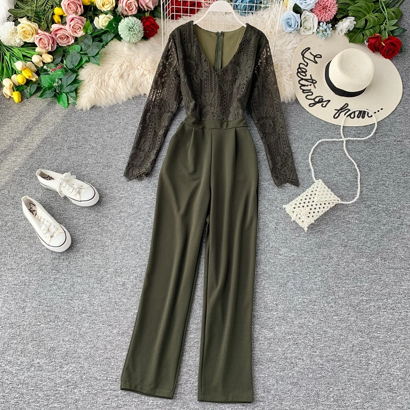 SINGRAIN осенний женский кружевной комбинезон с широкими штанинами v образный вырез