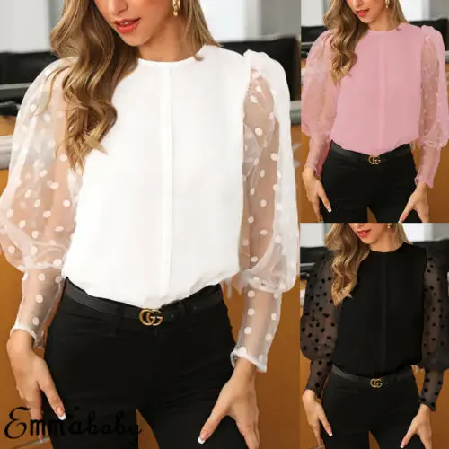 

Summer Women Fashion Long Sleeve Sheer Mesh Blouse Sexy Lantern Sleeve Shirt Polka Dot Printed Sleeve Baggy Blouse O-neck Shirts