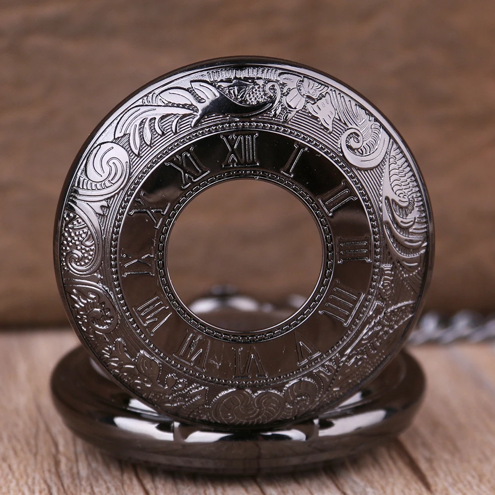 Black Steampunk Roman Numerals Display Skeleton Hand Style Mechanical Pocket Watch Retro Gentleman Men's Pendant Accessories