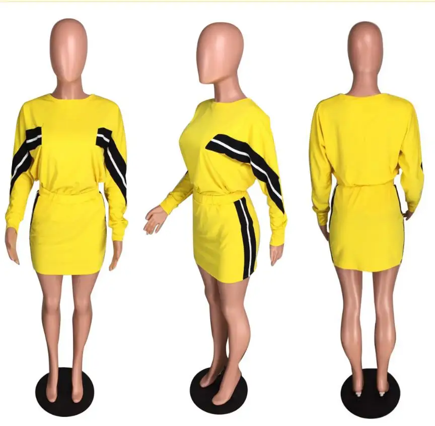 2019 женский костюм в полоску с О образным вырезом и длинным рукавом мини юбка миди