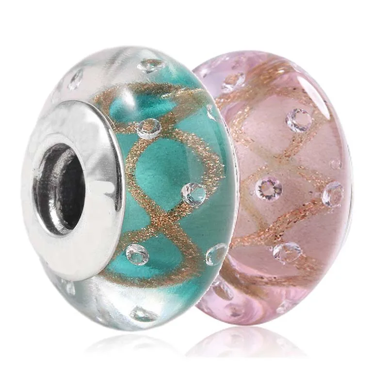 

Real Mint Glitter & Pink With Gold Sparkle Murano Glass Charm 925 Sterling Silver Original Bead Fit pandora Bracelet DIY Jewelry