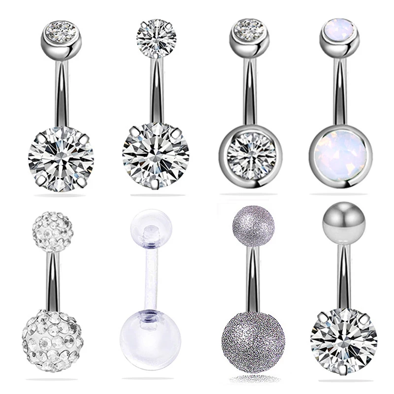 

HWetR Hot New 8Pcs/Set Steel Navel Rings Crystal Belly Button Ring Bar Body Piercing Jewelry