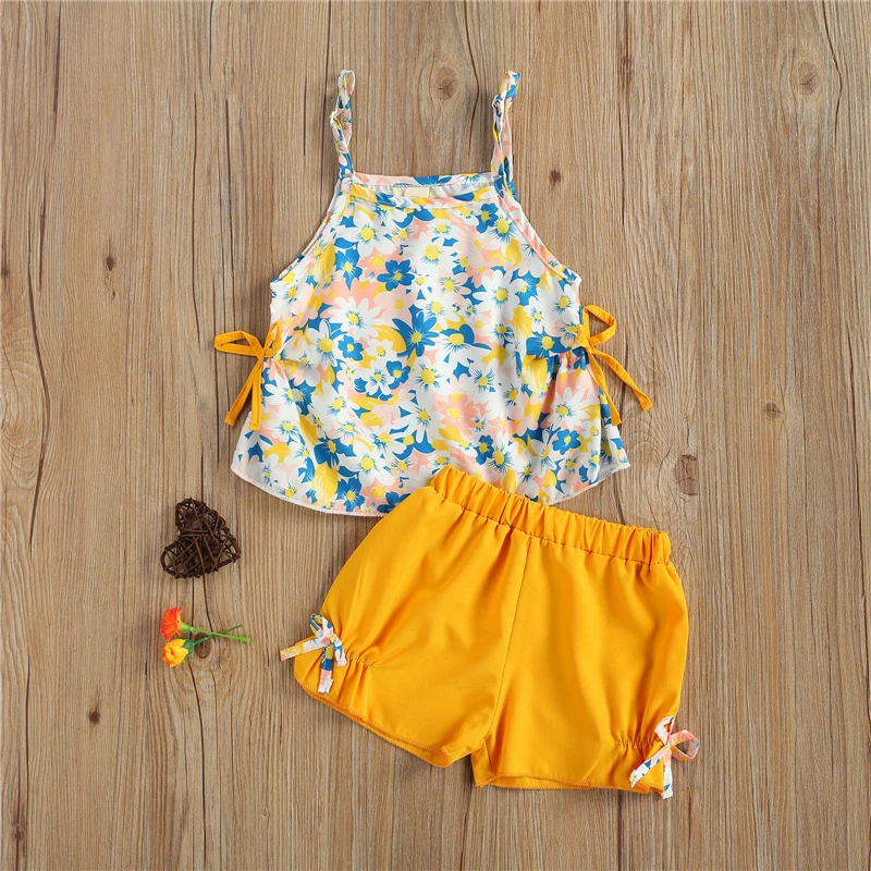 Летний комплект одежды для девочек топ на бретельках без рукавов с цветочным