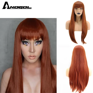 Anogol оранжево-красный высокотемпературный волокнистый натуральный длинный прямой синтетический парик для женщин и девушек с плоской искусственной кожей