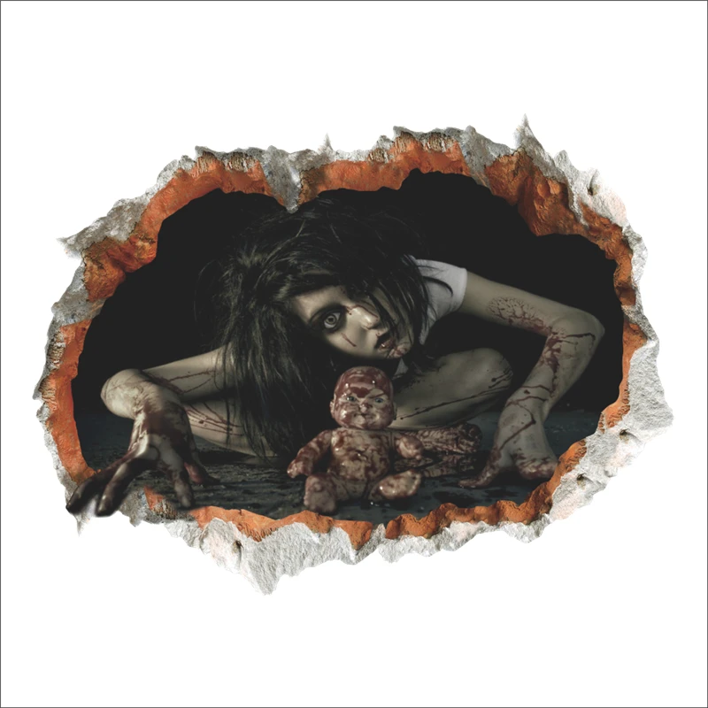

Horrible Bloody Women Pattern Wall Stickers For Halloween Festival Home Decoration Vivid 3d Broken Hole Mural Art Diy Pvc Decals