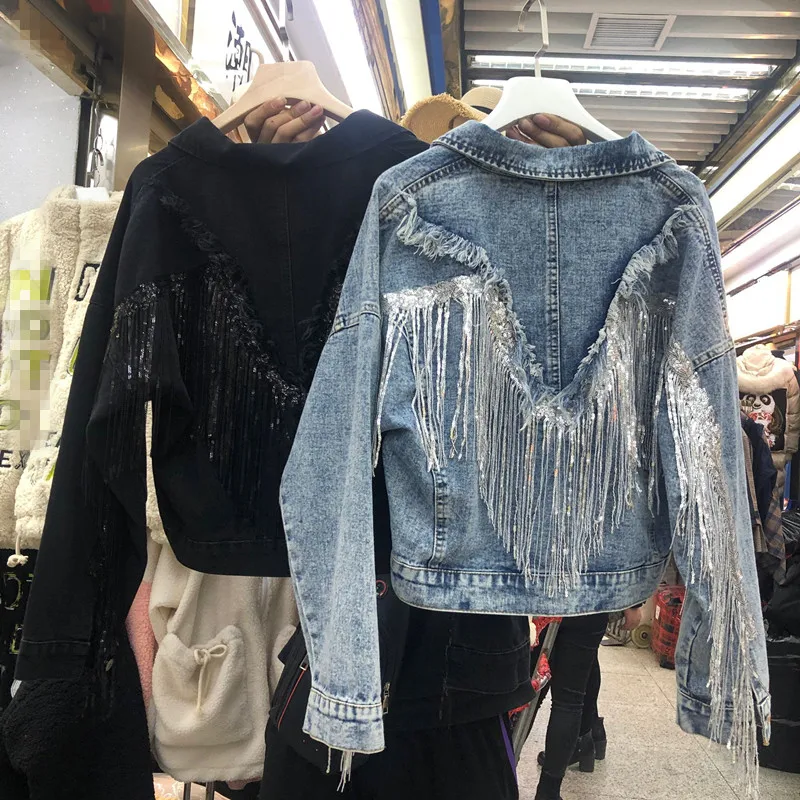 

Jean Jacket Woman Fringed Sequined Denim Jacket 2020 Spring New Retro BF Loose Short Jeans Jacket Top Chaqueta Chaquetas Jackets