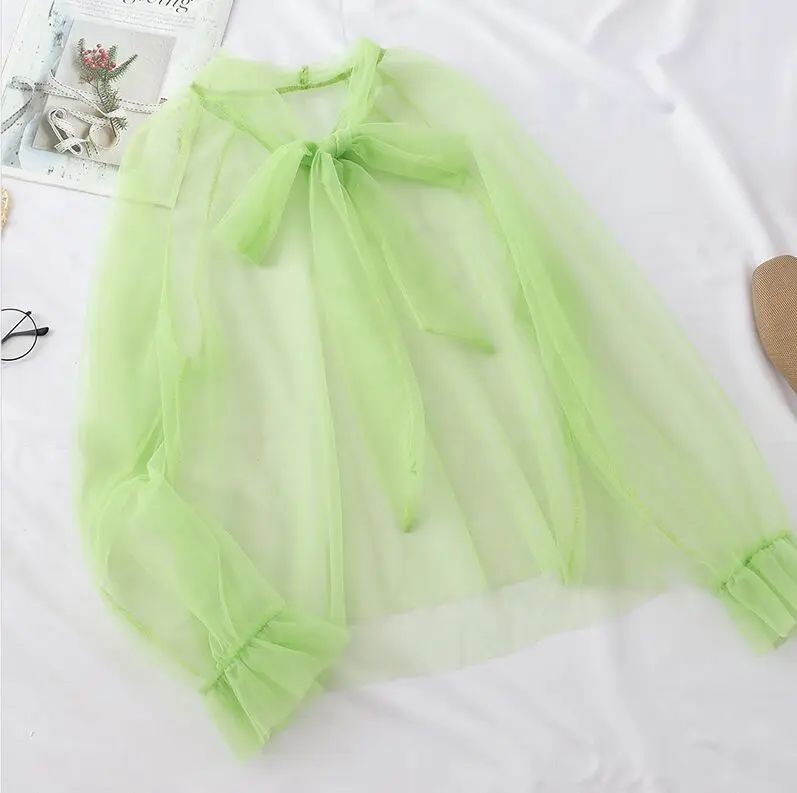 Avocado green Реальные фотографии женские прозрачные сетчатые рубашки для девочек с широкими расклешенными рукавами Однотонные блузки женские элегантные топы с бантом на шее - Цвет: Avocado green