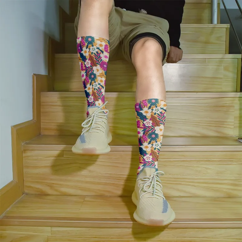 Модные хлопковые носки в стиле Харадзюку с цветами женские высокие 3D принтом