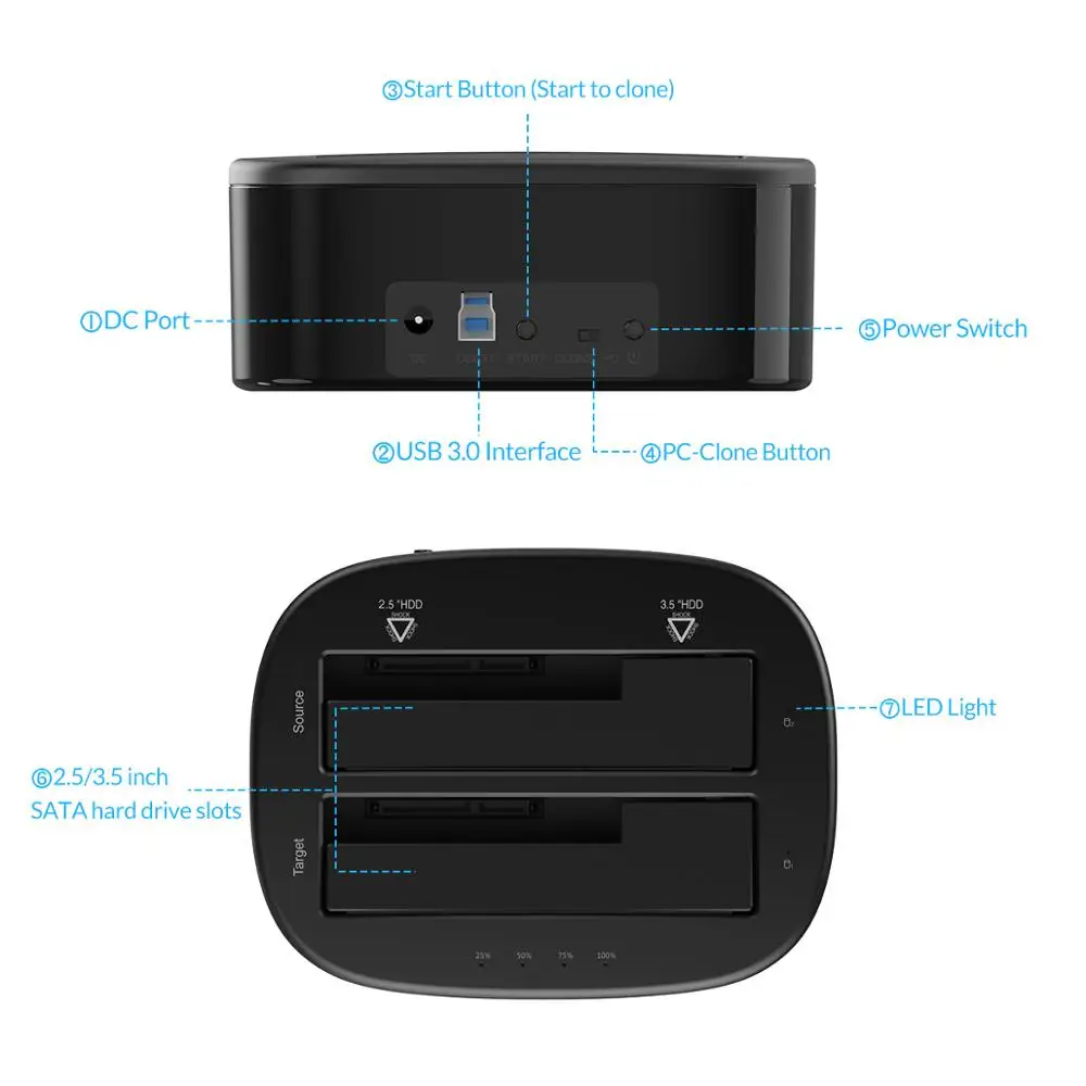 Док-станция ORICO Clone 2,5 3,5 Dual Bay SATA для USB 3,0 HDD корпус инструмент Бесплатный Дубликатор HDD чехол 24 ТБ для Windows Mac OS