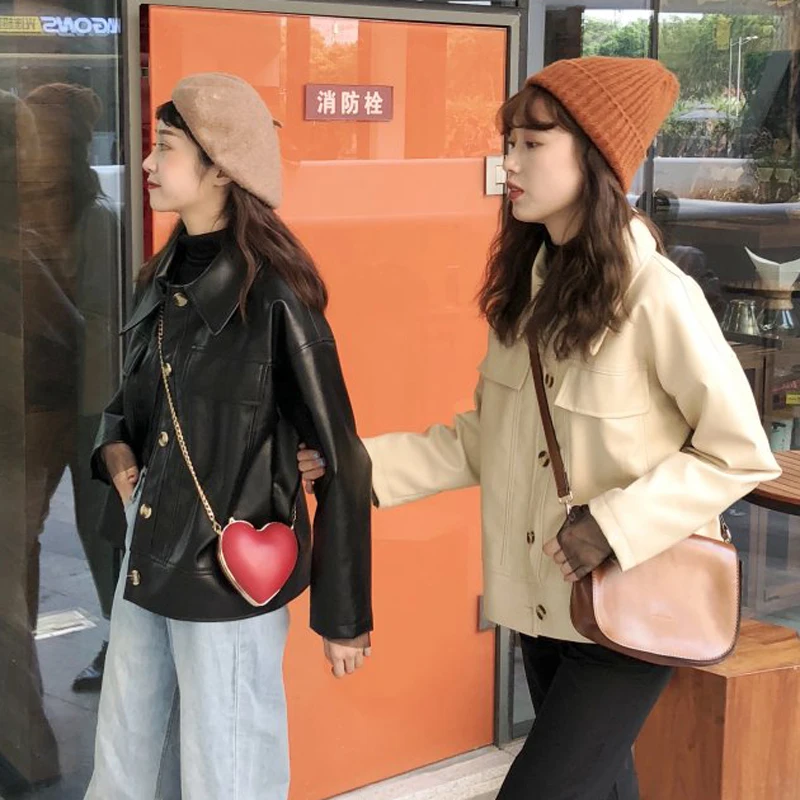 Куртка женская из искусственной кожи осенняя черная свободная 2020 | Женская