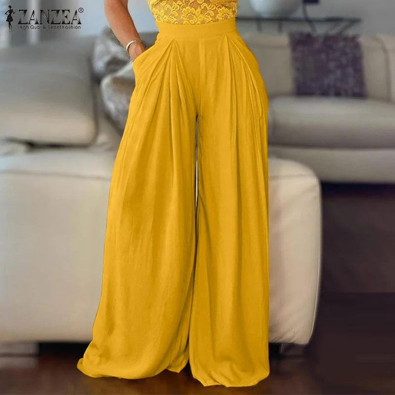 

ZANZEA Women Pleated Wide Leg Pants 2022 Spring Summer Casual Solid Loose Knitted Long Pants Oversized Female Pantalons Palazzo