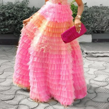 2020 Custom Made Hot Gorgeous Sweet Pink and Orange Ruffles Bridal Tulle Skirts A-line Tiered Puffy Tutu Skirt Zipper Party Tutu