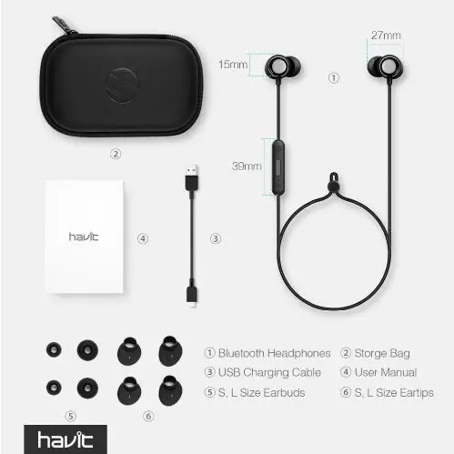 

HAVIT-i39 Bluetooth V4.2 Headphones Wireless Sports Ephones Waterproof Stereo with Microphone with Charging Box