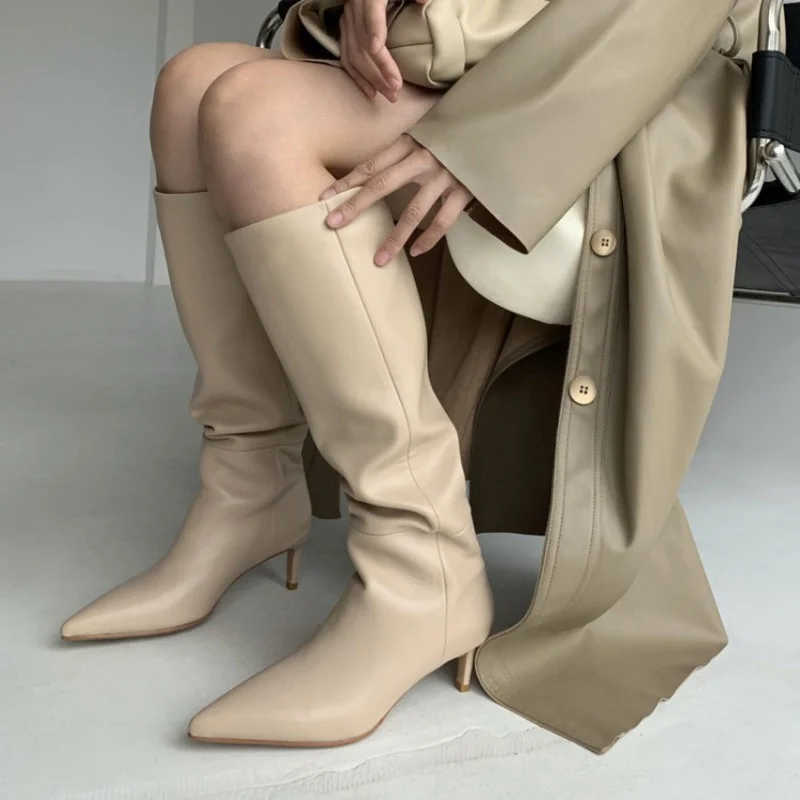 

Women Leather Knee High Boots Narrow Pointed Stilettos And No Laces Women's high boots For Parties And Clubs Plus Sizes 33-43
