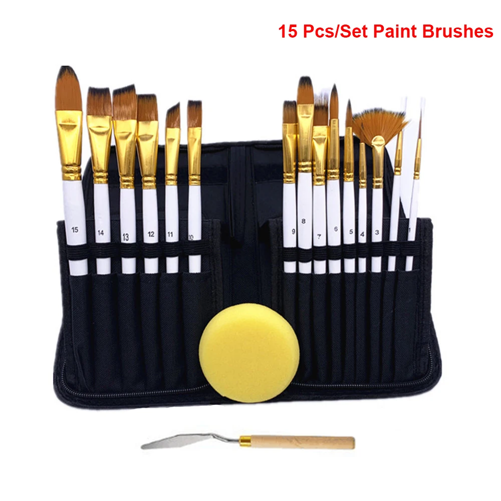 

15 Pcs/Set Paint Brushes Oil Watercolor Gouache Painting Pop-up Carrying Case Palette Knife And Sponge Art Supplies Stationery