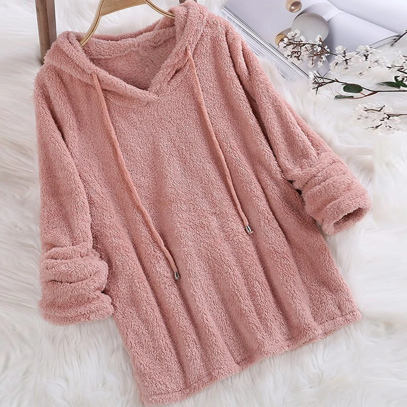 

Autumn Winter Long Sleeve Plush Hoodies Women Warm Fluffy Hoodies Flannel Pullover Pajama Loose Hoodie Tops Hooded Sweatshirts