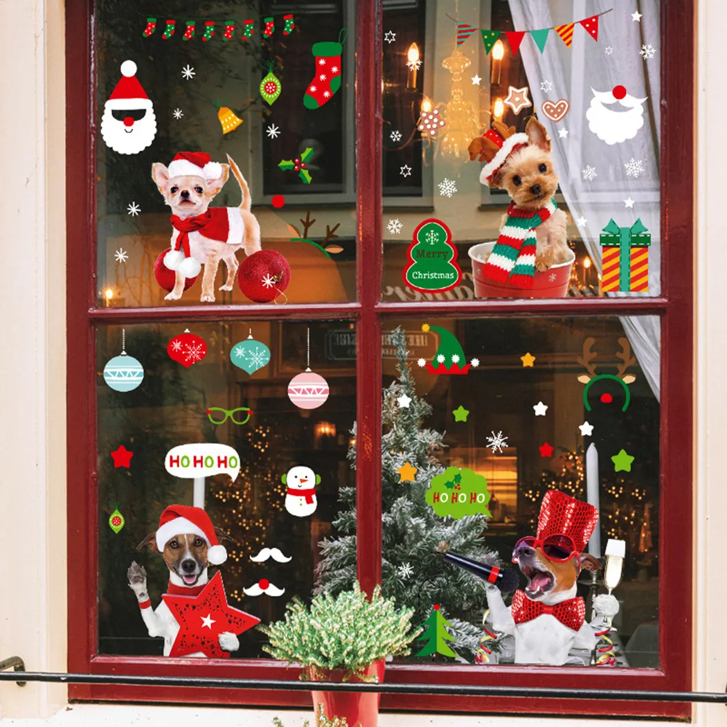

2022 Merry Christmas Window Stickers Xmas Animal Static Art Decals Wall Home Shop New Year Decorations Navidad