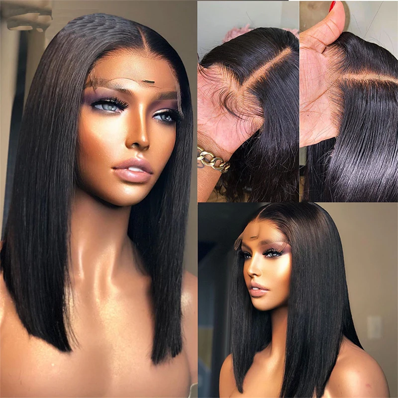

12Inch Black Short Bob Straight Synthetic Lace Front Wigs For Women With Baby Hair Heat Resistant Fiber Hair Wigs 180% Density
