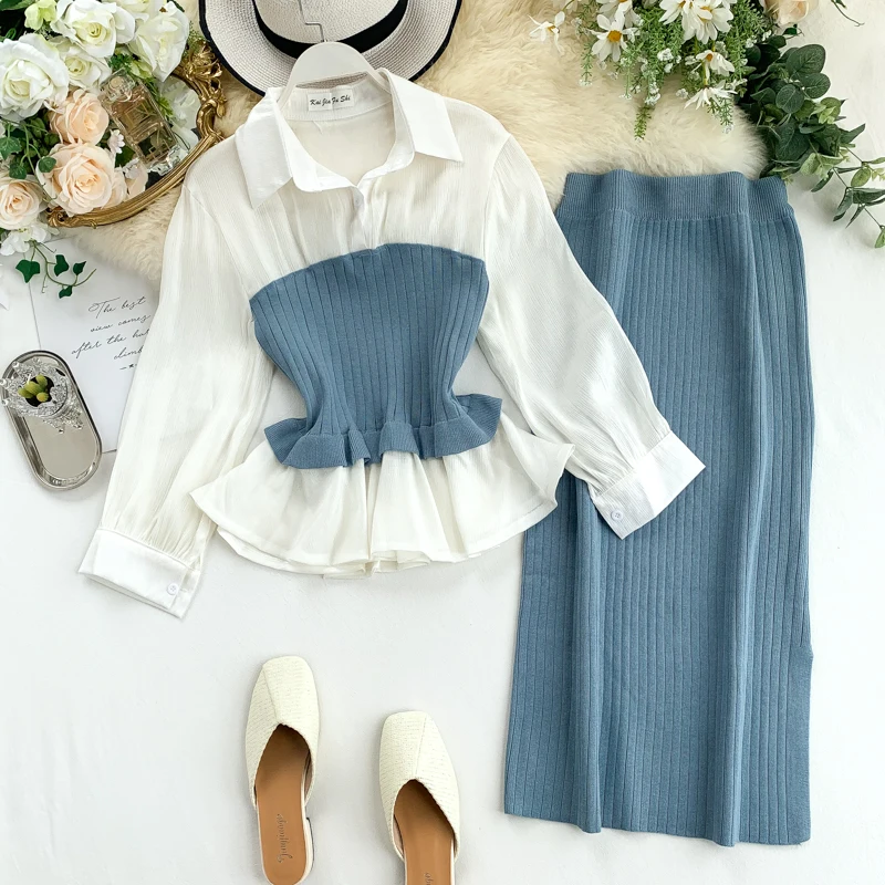 Chic Two-piece Sets Autumn New 2019 Women's Long Sleeve Stitched Knitted Shirts + High Waist Skirts Suits J661 |