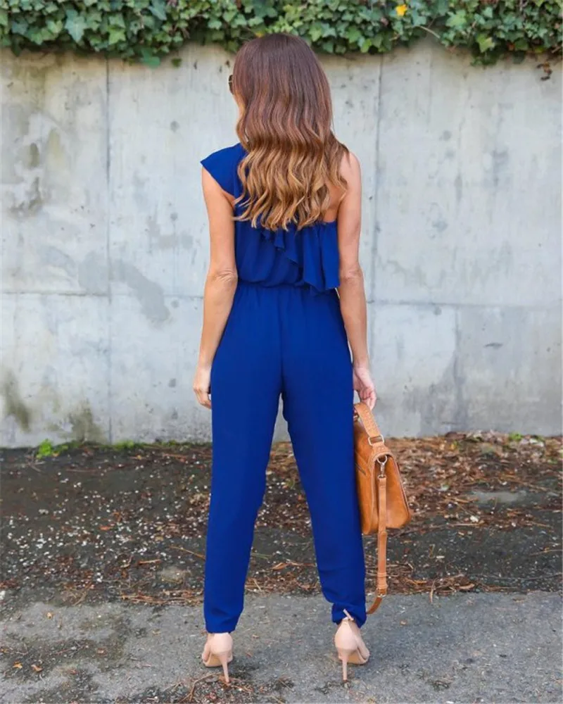 

Sexy Women Summer Solid Color Jumpsuits One Shoulder Design Ruffles Bandage Pockets Decor Sleeveless Mid Waist Slim Jumpsuits