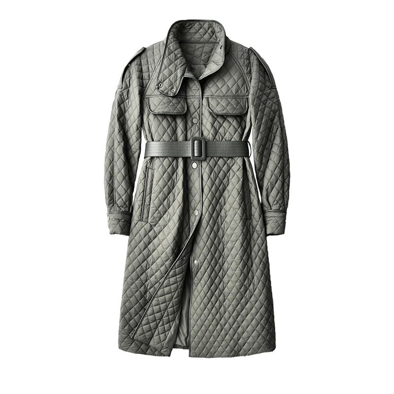 

SHUCHAN Argyle Woman Parkas New Fashion Stand Collar Covered Button Wide-waisted Long Winter Office Lady Adjustable Waist