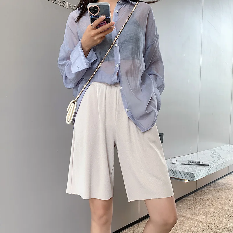 

2021 New Special Offer Summer Ice Silk Casual Shorts Pink White Black Grey High Waist Loose Straight Middle Pants for Woman