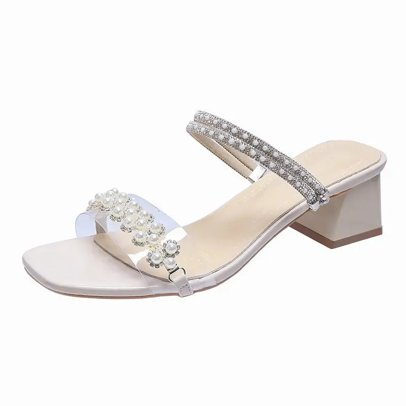 

Square heel Med Shoes String Bead Woman's Slippers Glitter Slides Low Transparent Heel Rivet Block 2021 Jelly Summer Rubber Basi