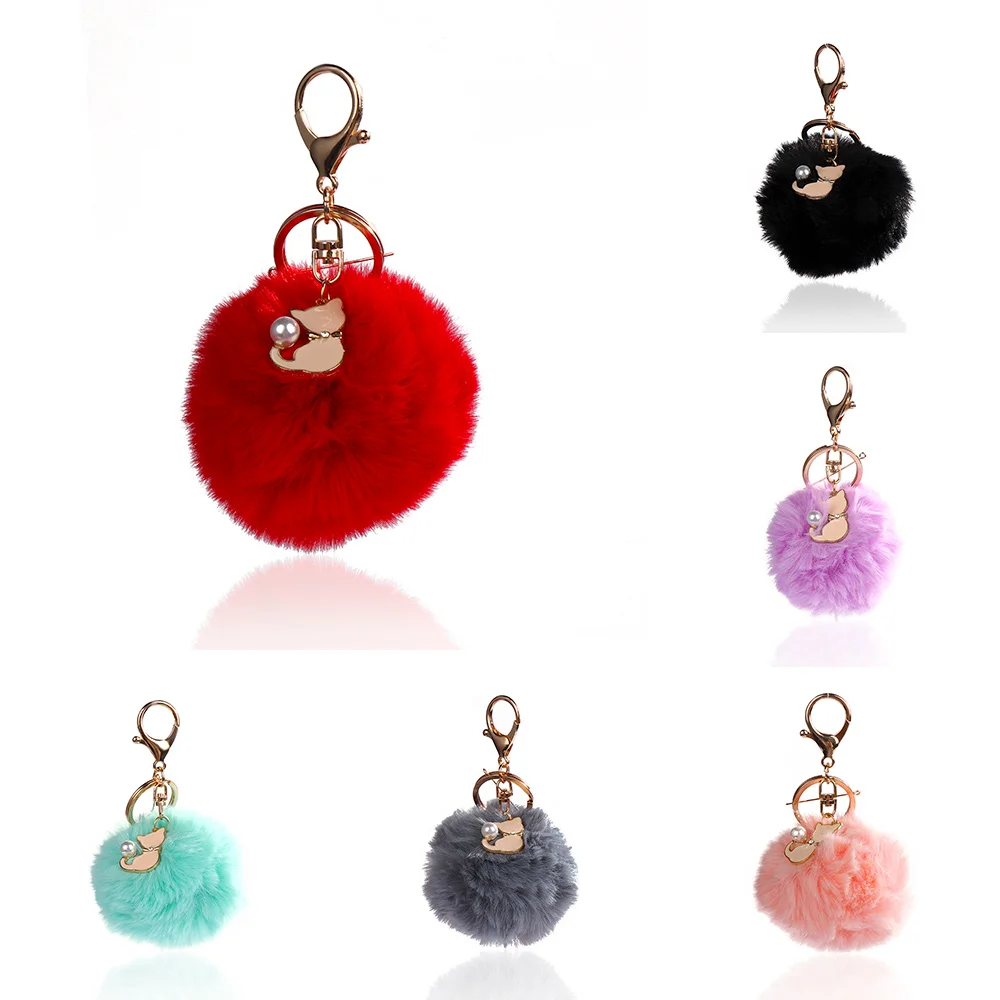 1 шт. милый розовый Кот пушистый меховой шарик помпон брелок для ключей Женская