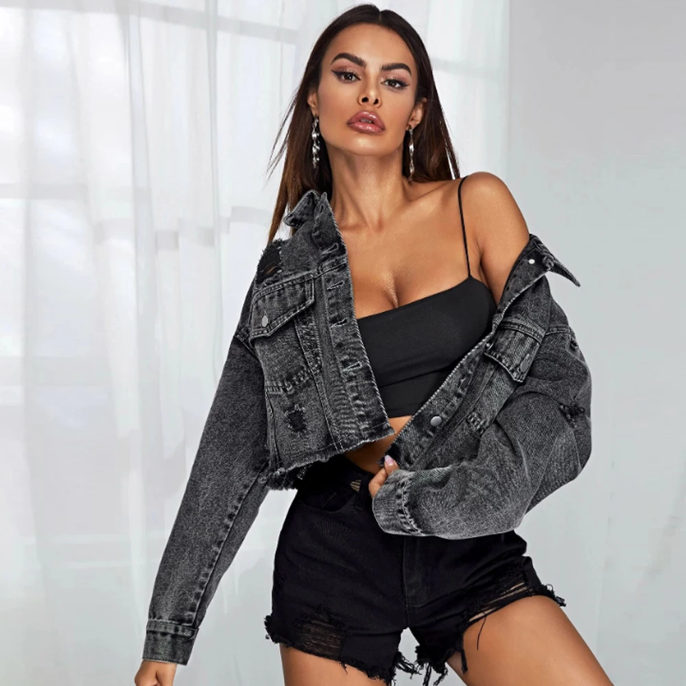 

Женская короткая джинсовая куртка, темно-серая Повседневная укороченная куртка с длинным рукавом, весна-осень 2021