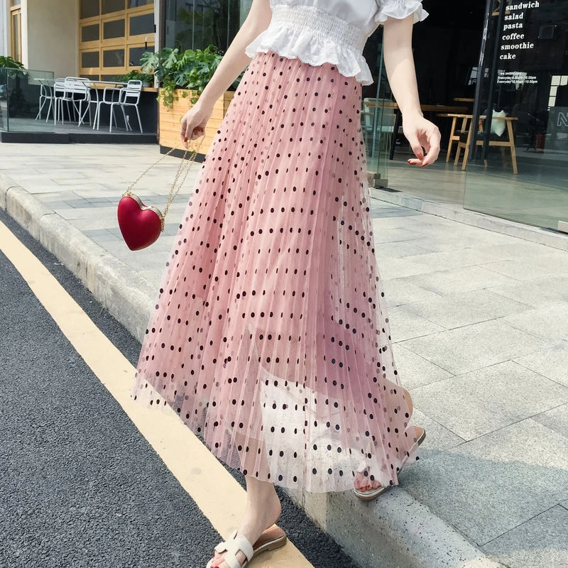 Женская фатиновая юбка в горошек TingYiLi гофрированные длинные юбки с высокой
