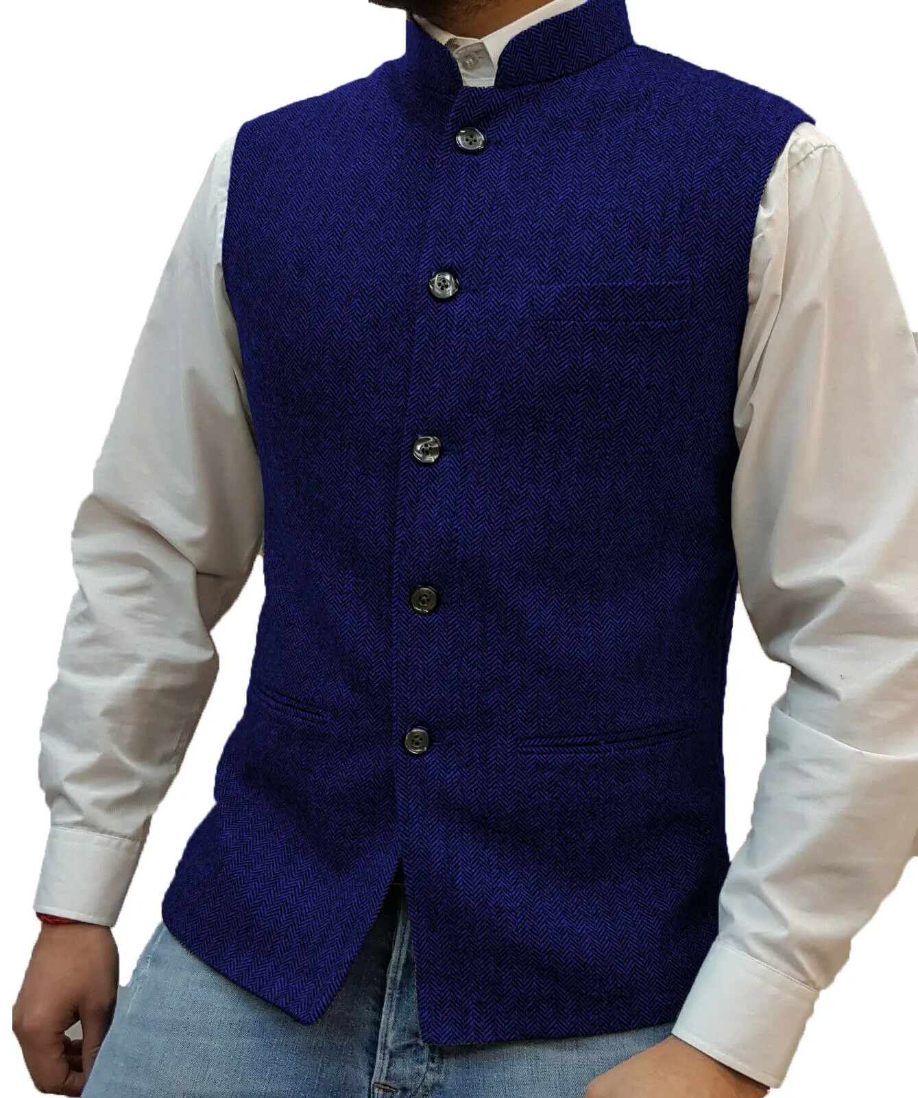 Men's Vest Stand-up Collar Herringbone Suit Vest Steampunk Style Wedding Groom Waistcoat
