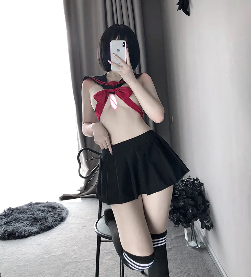 

Sexy Erotic Bow Bandage Student Uniform Cosplay Lingerie Lady Temptation Costumes Babydoll Dress Lace Miniskirt Outfit for Women