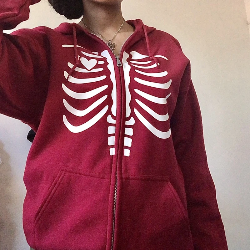 

Y2K Skull Bones Gothic Hoodies E-girl Autumn Winter Coat Jacket Women Long Sleeve Zip Up Sweatshirt Vintage Harajuku Streetwear
