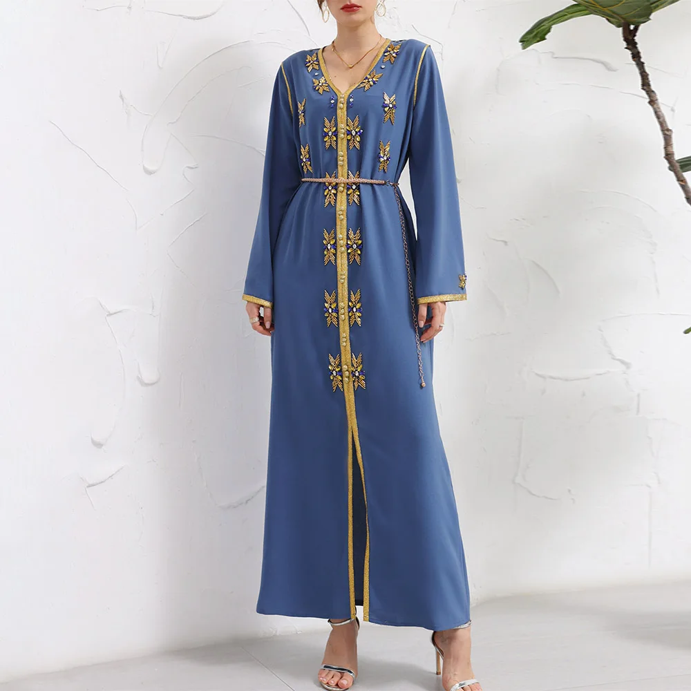 

Autumn And Winter Heavy Industry Hand-stitched Gold-rimmed V-neck Gold Tube Rhinestone Robe And Middle East Party Festival Dress