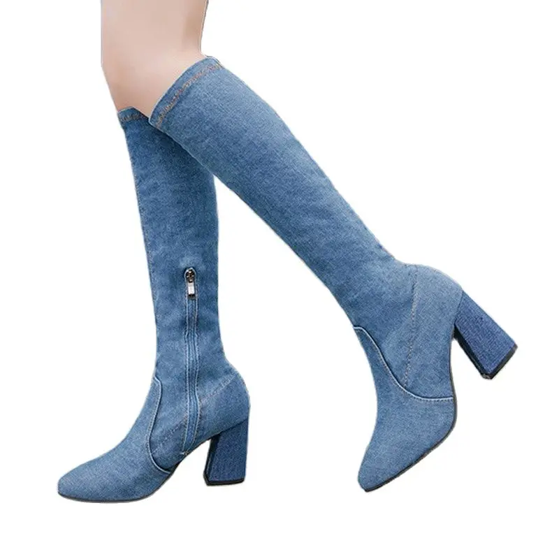 Botas elásticas de mezclilla para mujer, zapatos largos antideslizantes, por encima de la rodilla, de tacón grueso, 35-40