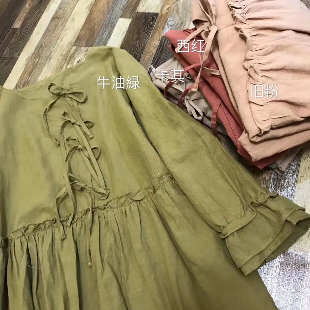 

Spring New Women's Retro sweet round neck loose large medium long cotton linen dress