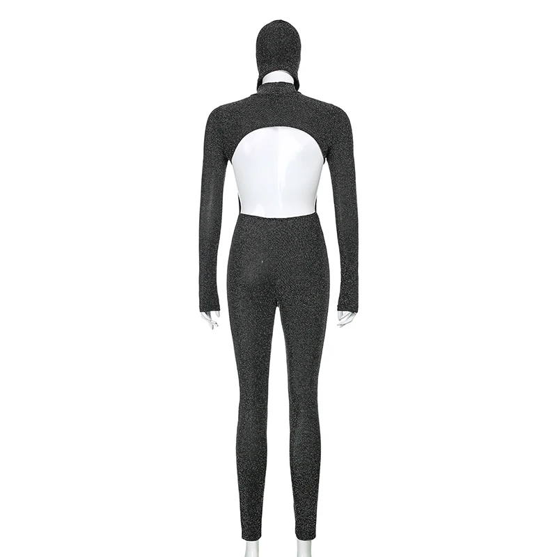 

CIBBAR Bright Solid Hollow Out Women Party Jumpsuits With Headgear Backless Long Sleeve Bodycon Coveralls Sexy Skinny Outfits