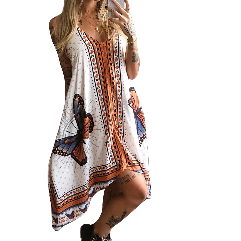 

BAMBOOBOY Women 2021 Spring and Summer New Sexy Butterfly Print Irregular Casual Beach Loose Dress FD295