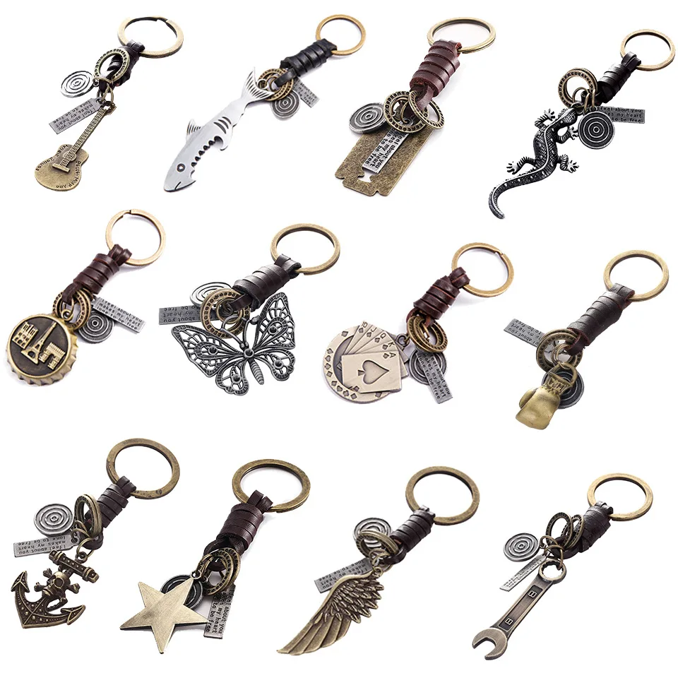 

2021 New Creative Genuine Leather Keychain Punk Rock Vintage Animal Feather Robot Giraffe Car Keyring Accessories Jewelry Gifts