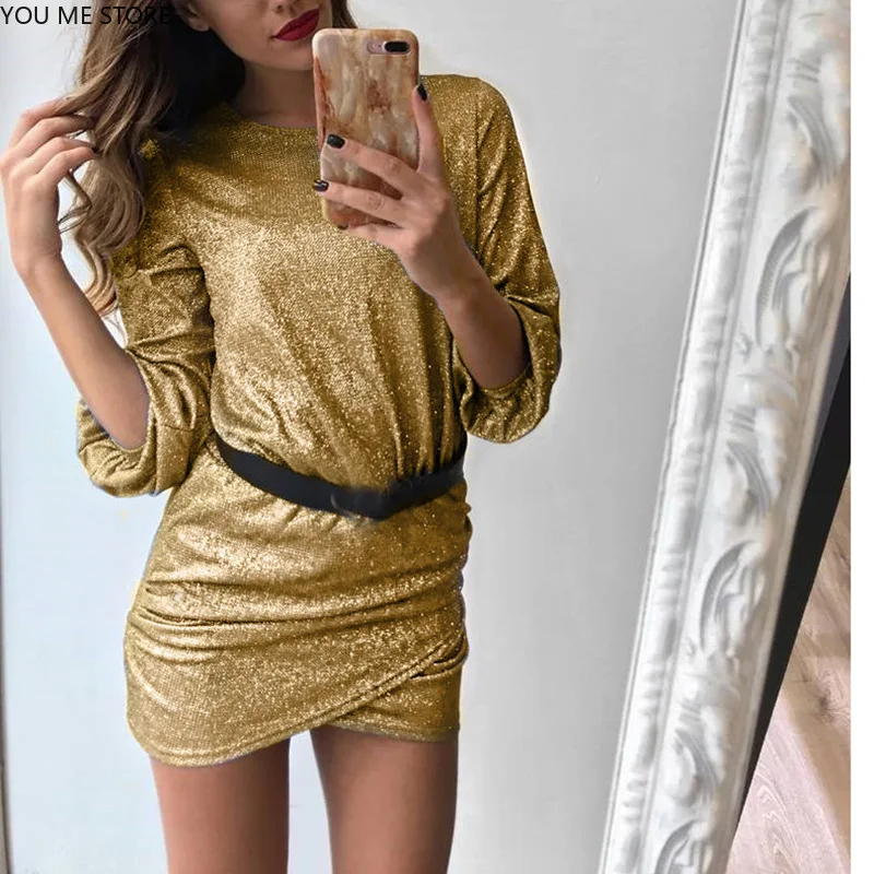 

New Spring Mini Bodycon Dress Women Lantern Long Sleeve Sexy Dresses Fashion O-Neck Slim Tunic Shiny Party Dress Female