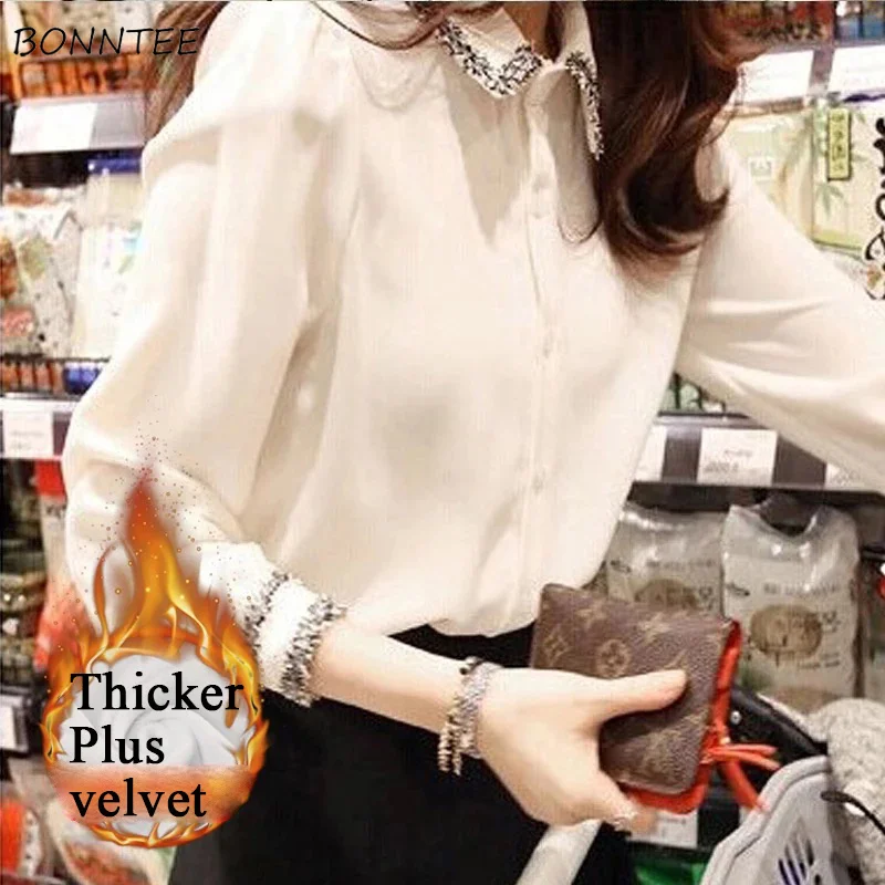 

Shirts Women Winter Thicker Plus Velvet Stand Collar Chiffon All-match Long Sleeves Shirt Womens Large Size Korean Elegant Tops