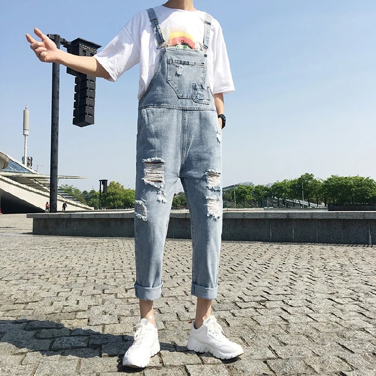 2020 Ripped Man Jeans Bib Youth Overalls Ankle Length Straight Hip Hop Hole Denim Jumpsuits Trousers Leisure Freight Cargo Pants
