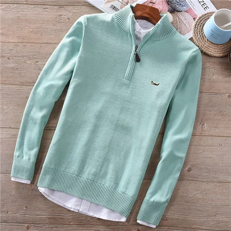 

High Quality 100% Cotton Long Sleeve Stand-Collar Zippe Solid Color Pullovers Mens Sweaters Casual Male Clothing Knitted Coats