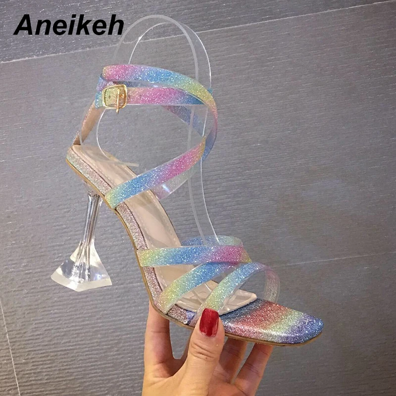 Aneikeh новые радужные разноцветные прозрачные женские сандалии из ПВХ на тонком