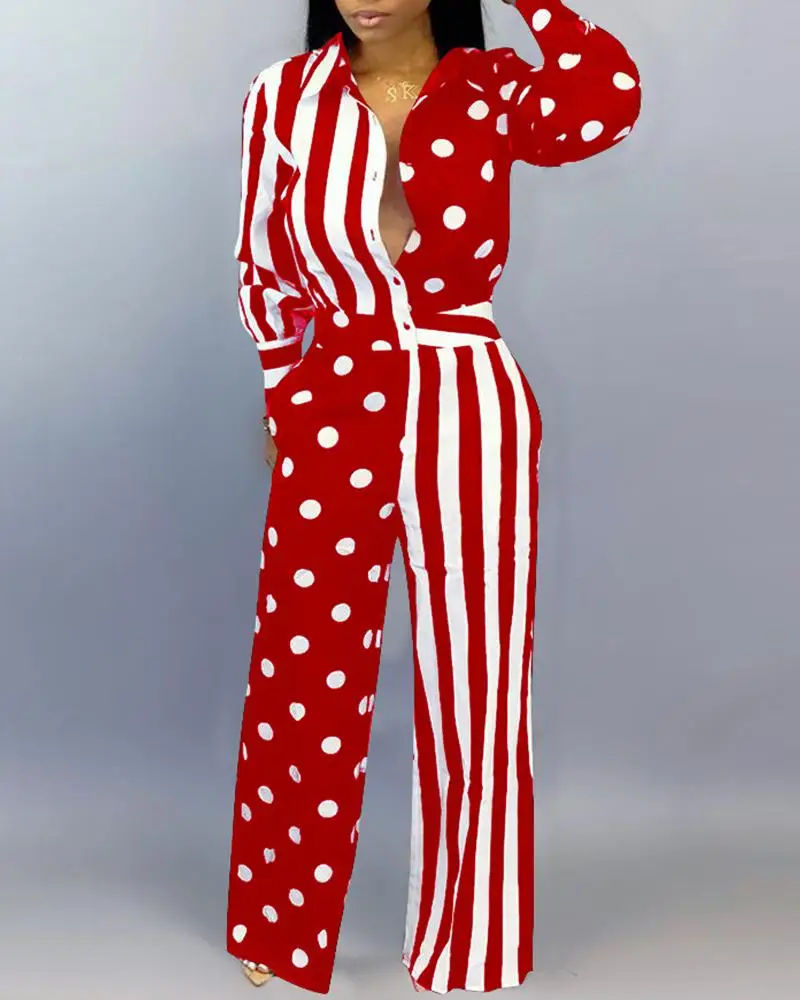 

Striped Polka Dot Print Buttoned Wide Leg Jumpsuit