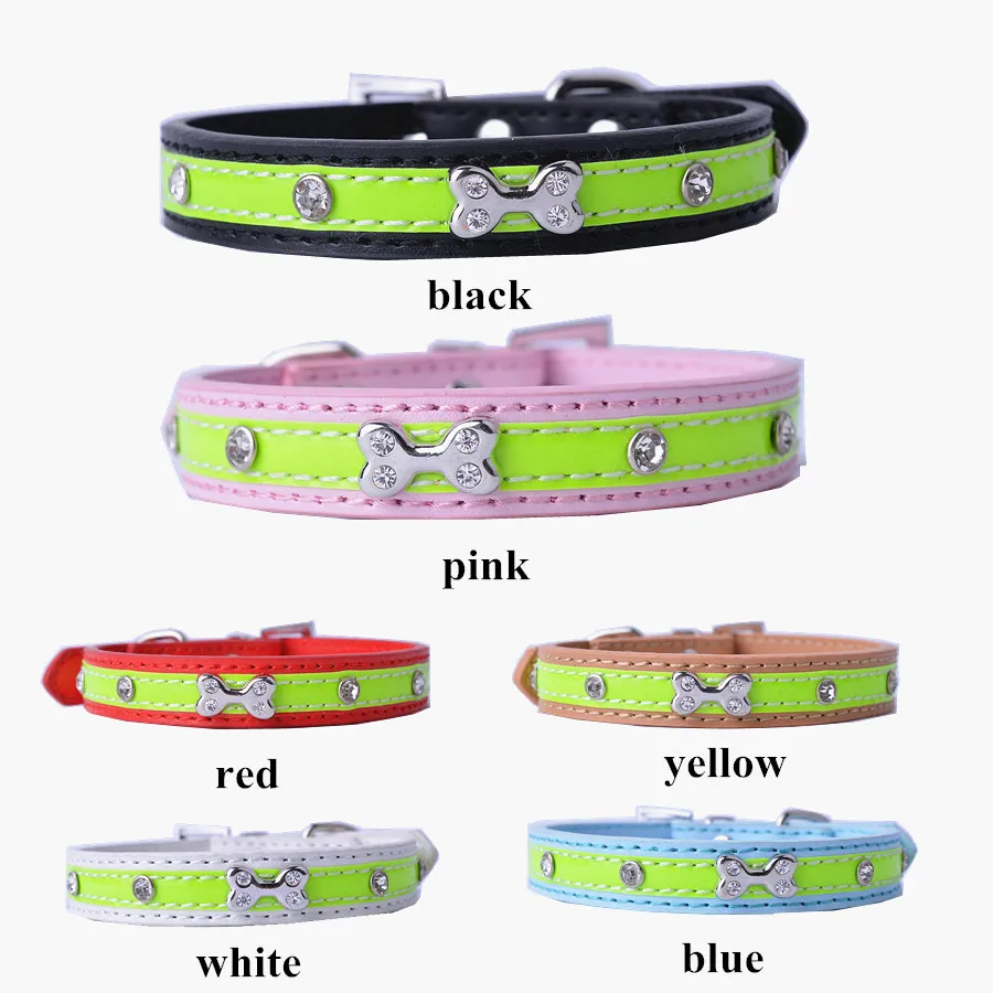 

Personalized Reflective Leather Dog-Collar Rhinestone Bone Shaped Accessories Collar For Dogs Small Pet Dog Supplies