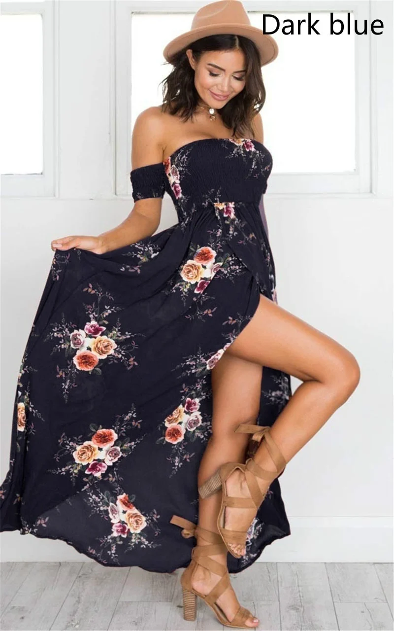 XS-5XL женские летние платья с коротким рукавом с открытыми плечами женский жилет с цветочным узором праздничное пляжное длинное платье - Цвет: Dark blue